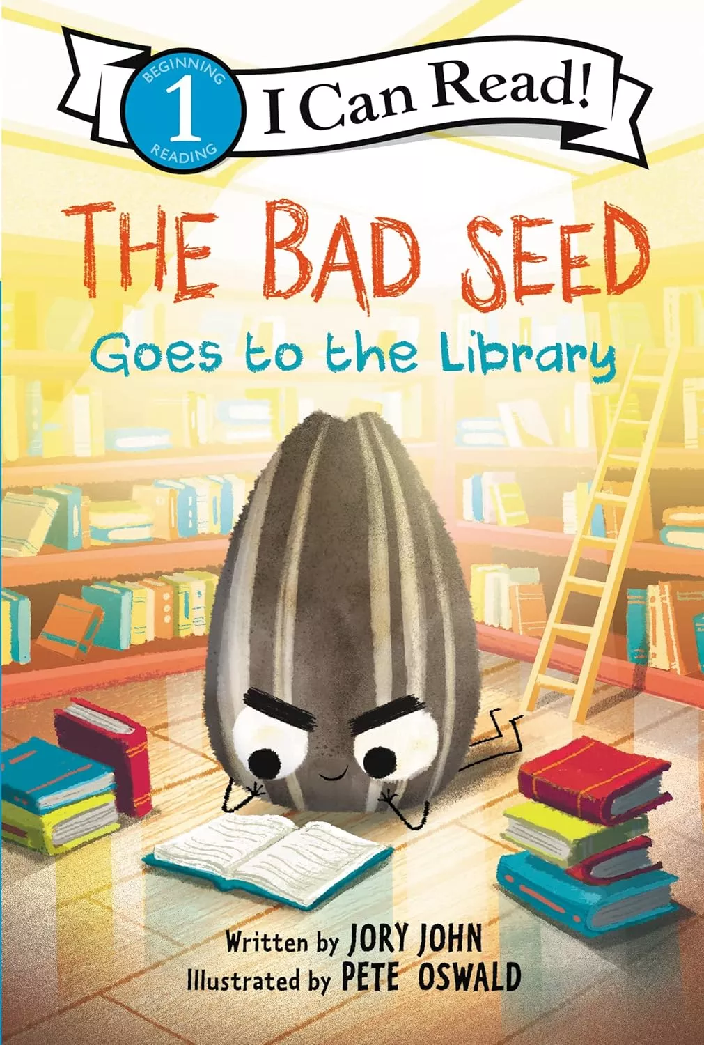 Cover of The Bad Seed Goes to the Library by Jory John depicting the Bad Seed lying on the floor reading a book in the library.