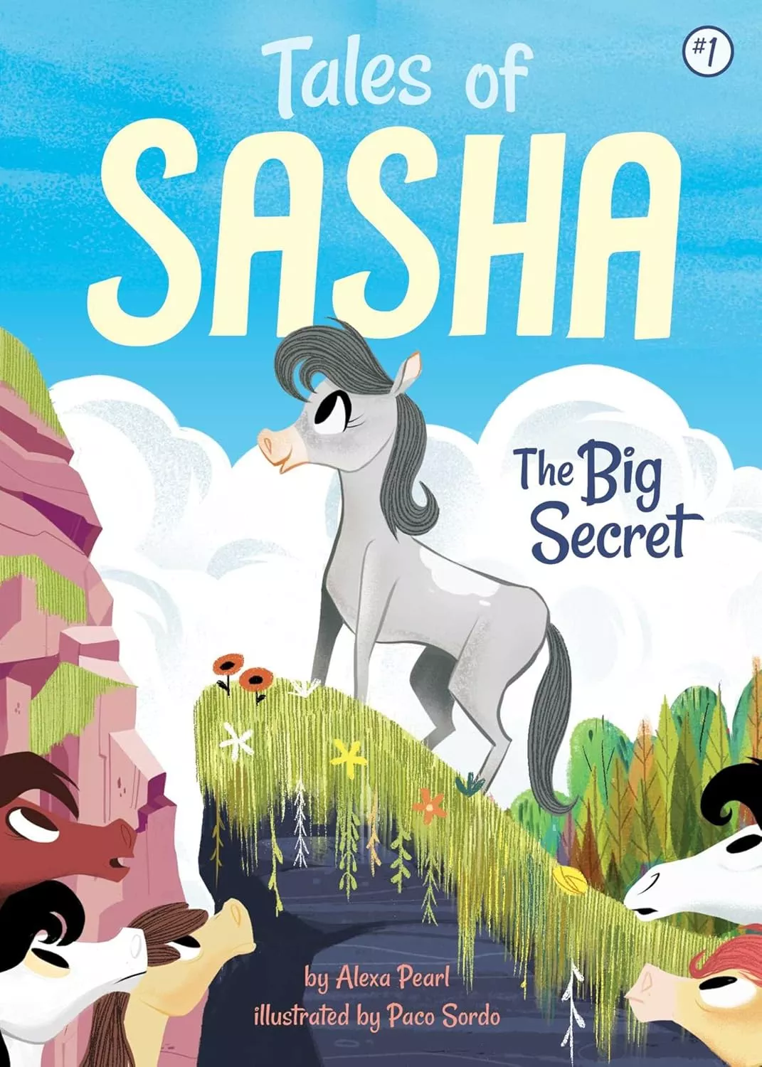 Cover of The Big Secret by Alexa Pearl depicting a gray horse standing on a cliff. Below her are several other horses.
