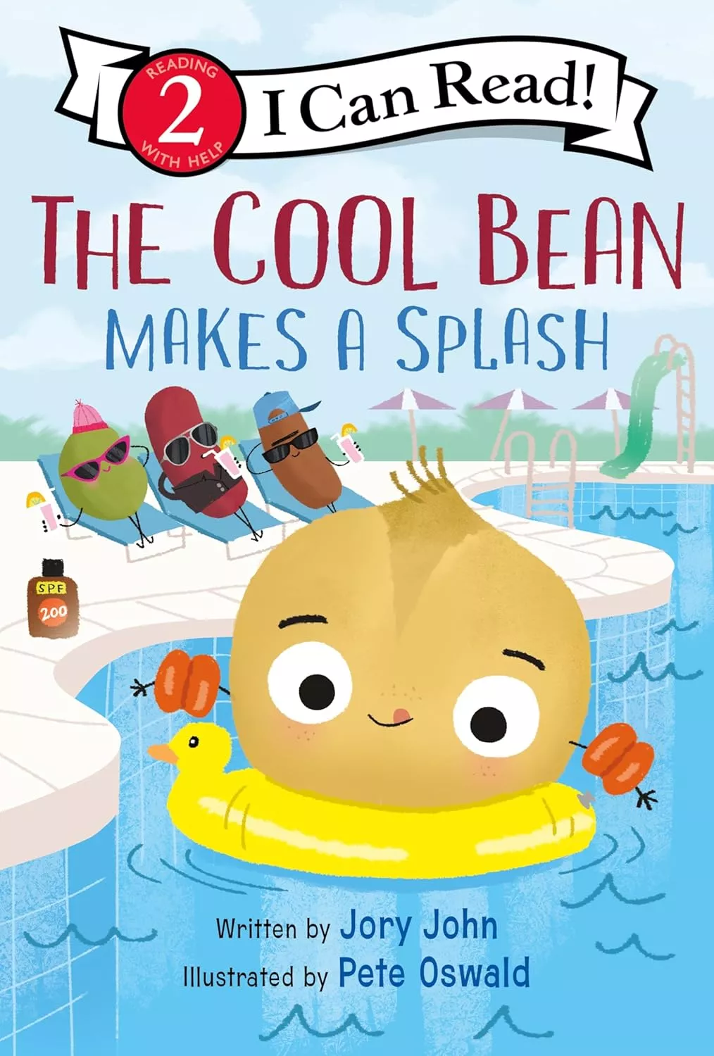 Cover of The Cool Bean Makes a Splash by Jory John depicting the Cool Bean floating in a swimming pool inside a duck floatie. 