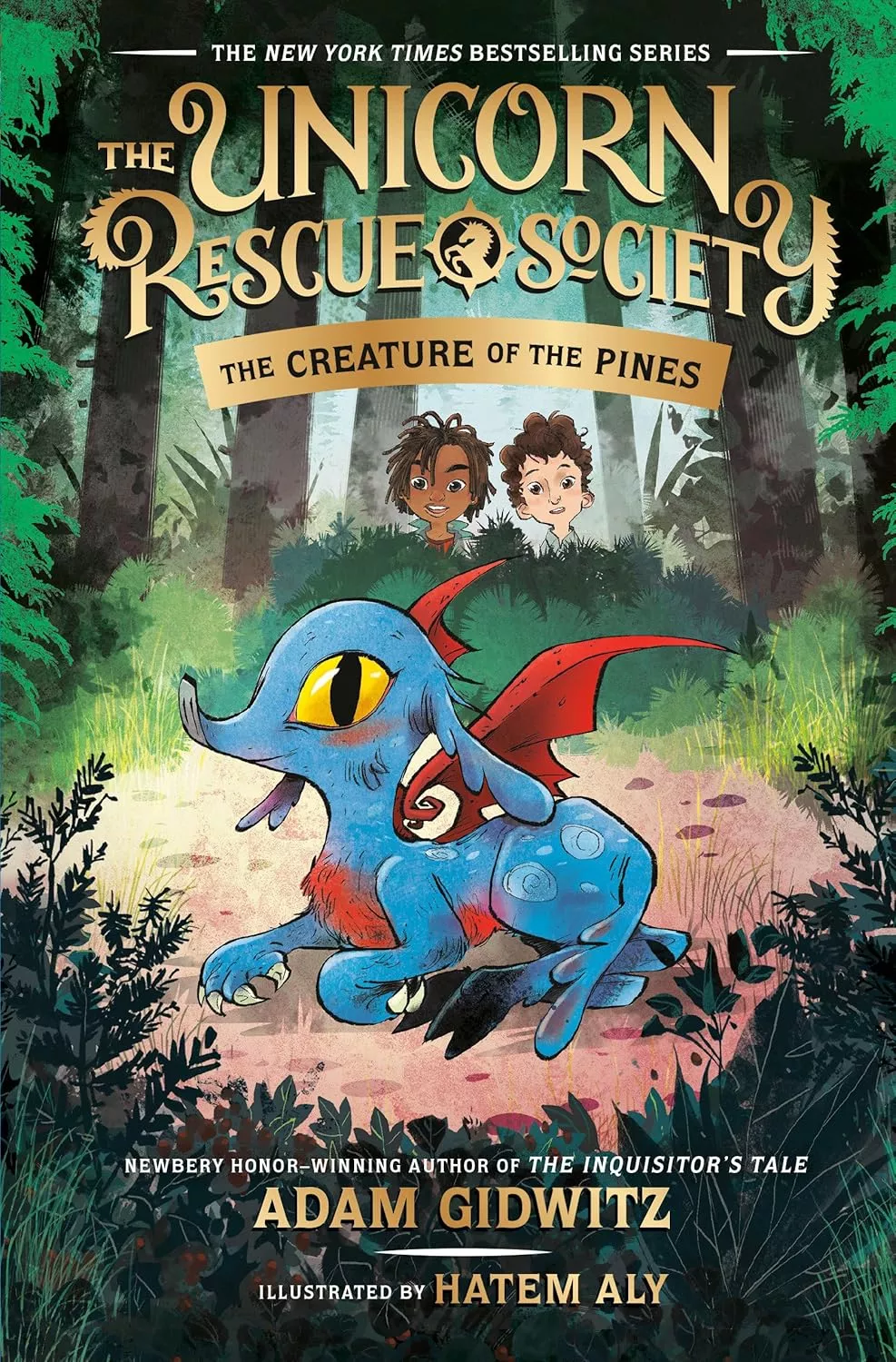 Cover of The Creature of the Pines by Adam Gidwitz depicting two boys peeking from behind a bush, looking at a blue creature with red wings and yellow eyes. 