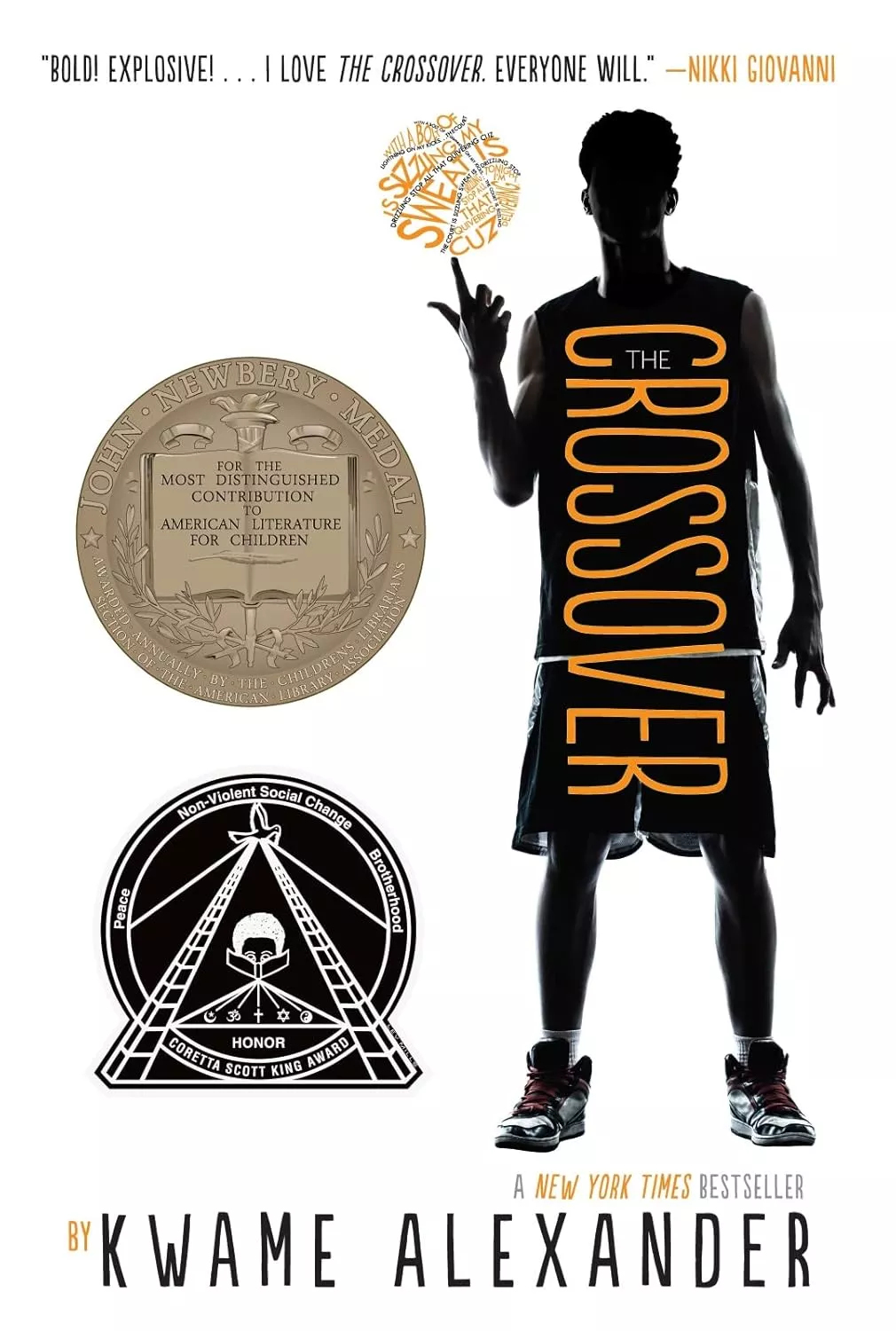 Cover of The Crossover by Kwame Alexander depicting the silhouette of a boy spinning a basketball on his finger.  