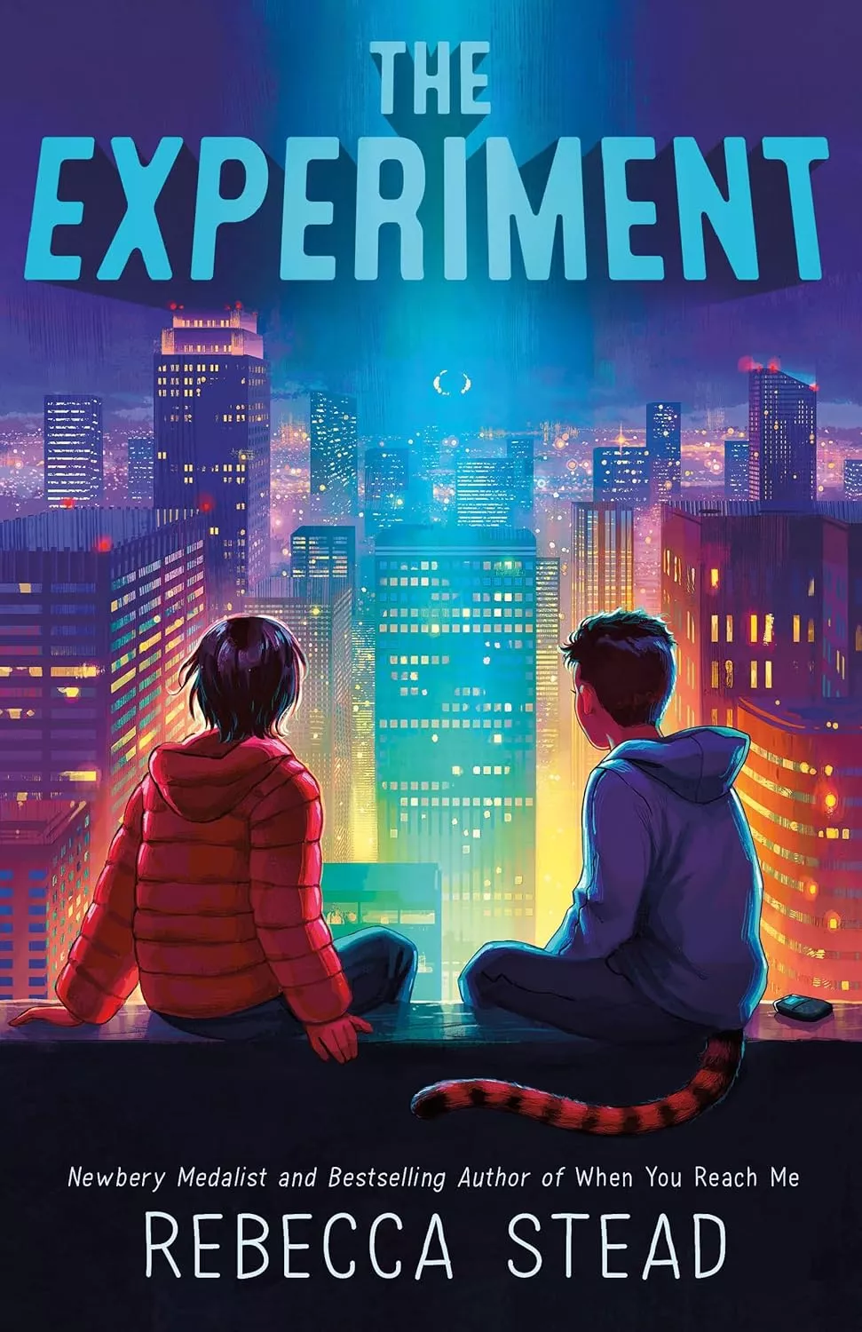 Cover of The Experiment by Rebecca Stead depicting two kids looking out over skyscrapers. One of the kids has a striped tail.