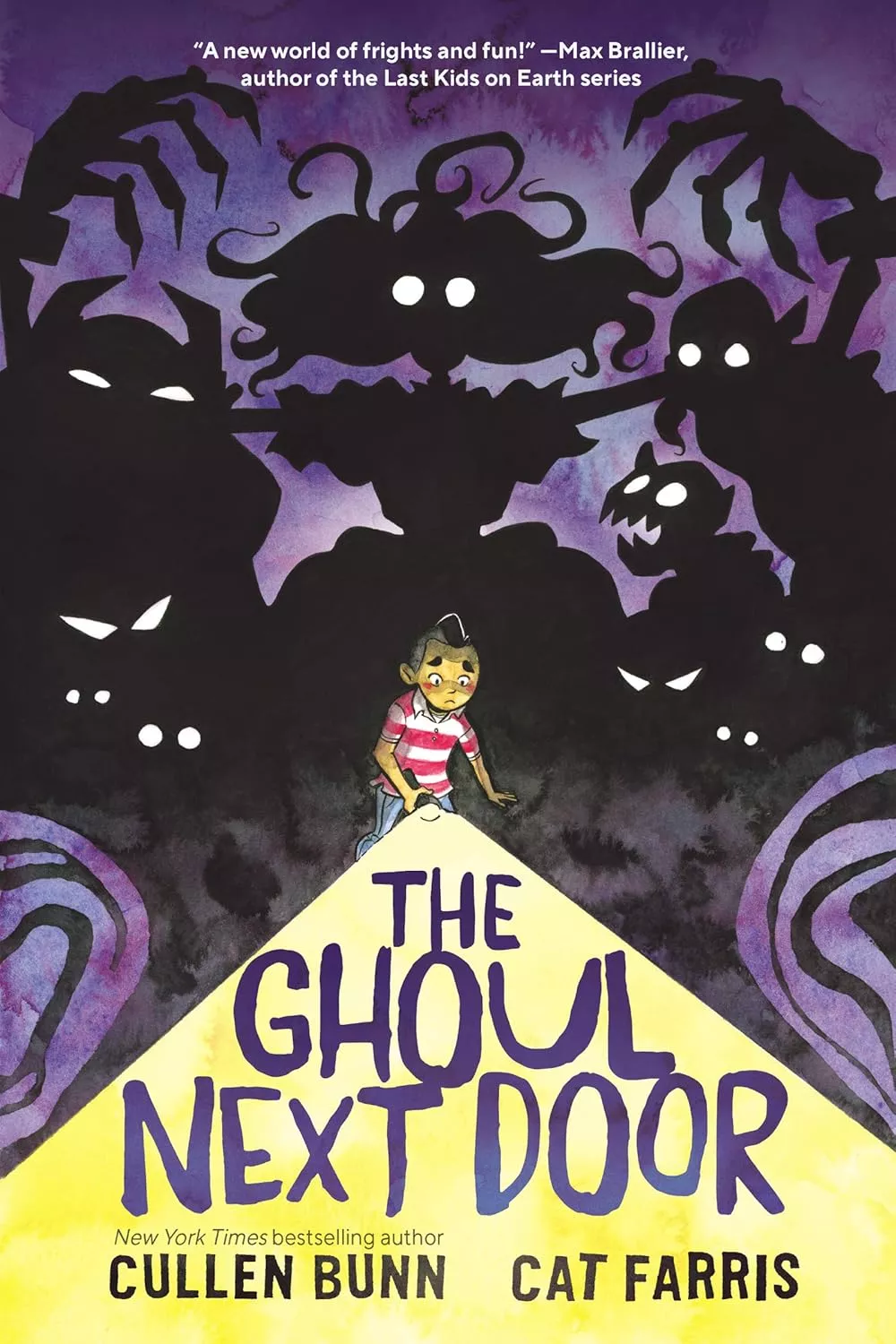 Cover of The Ghoul Next Door by  Cullen Bunn depicting a boy shining a flashlight in the dark. Behind him several creepy shadows are watching. 