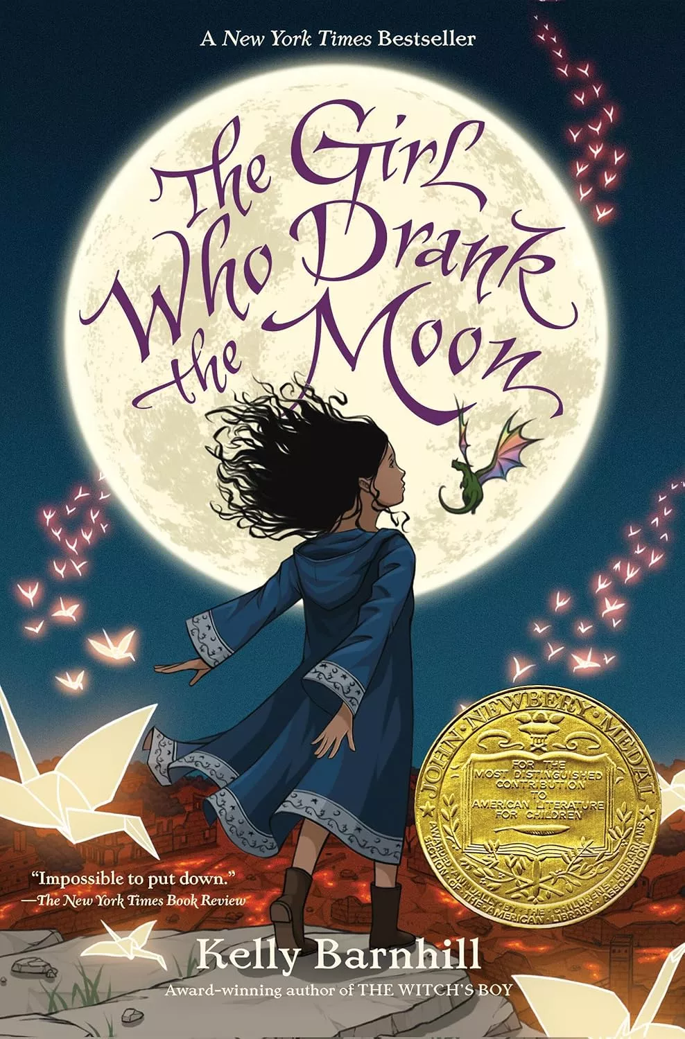 Cover of The Girl Who Drank the Moon by Kelly Barnhill depicting a girl standing facing an incredible large moon. There is a tiny dragon hanging off of the M in Moon.