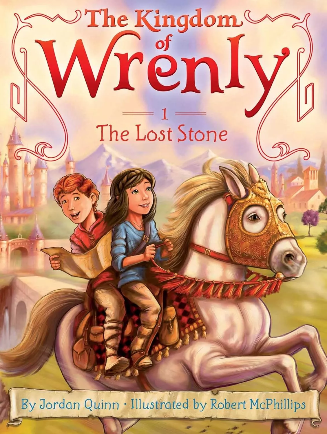 Cover of The Lost Stone by Jordan Quinn depicting a boy and a girl riding on the back of a white horse.