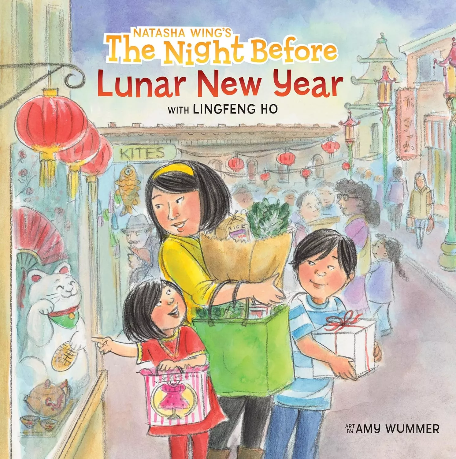 Cover of The Night Before Lunar New Year by Natasha Wing depicting a mom and her two kids shopping in Chinatown.