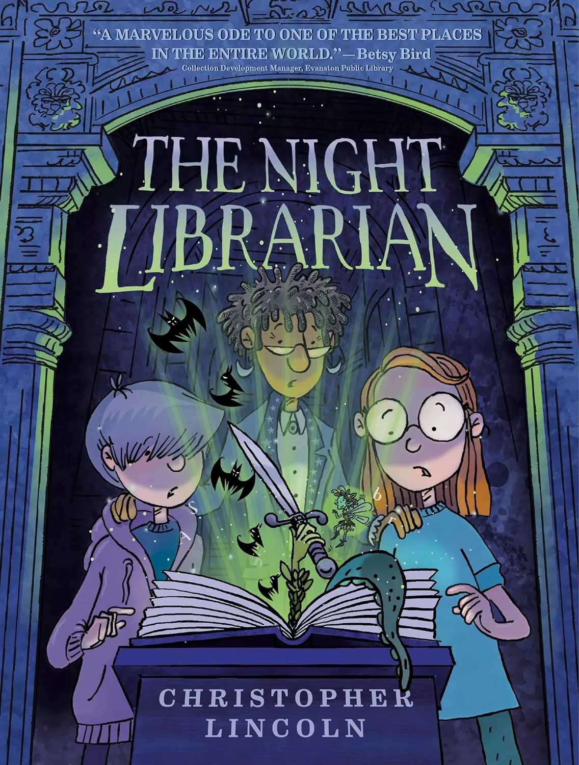 Cover of The Night Librarian by Christopher Lincoln depicting a boy and a girl looking at an open book with a ghost behind peering them.