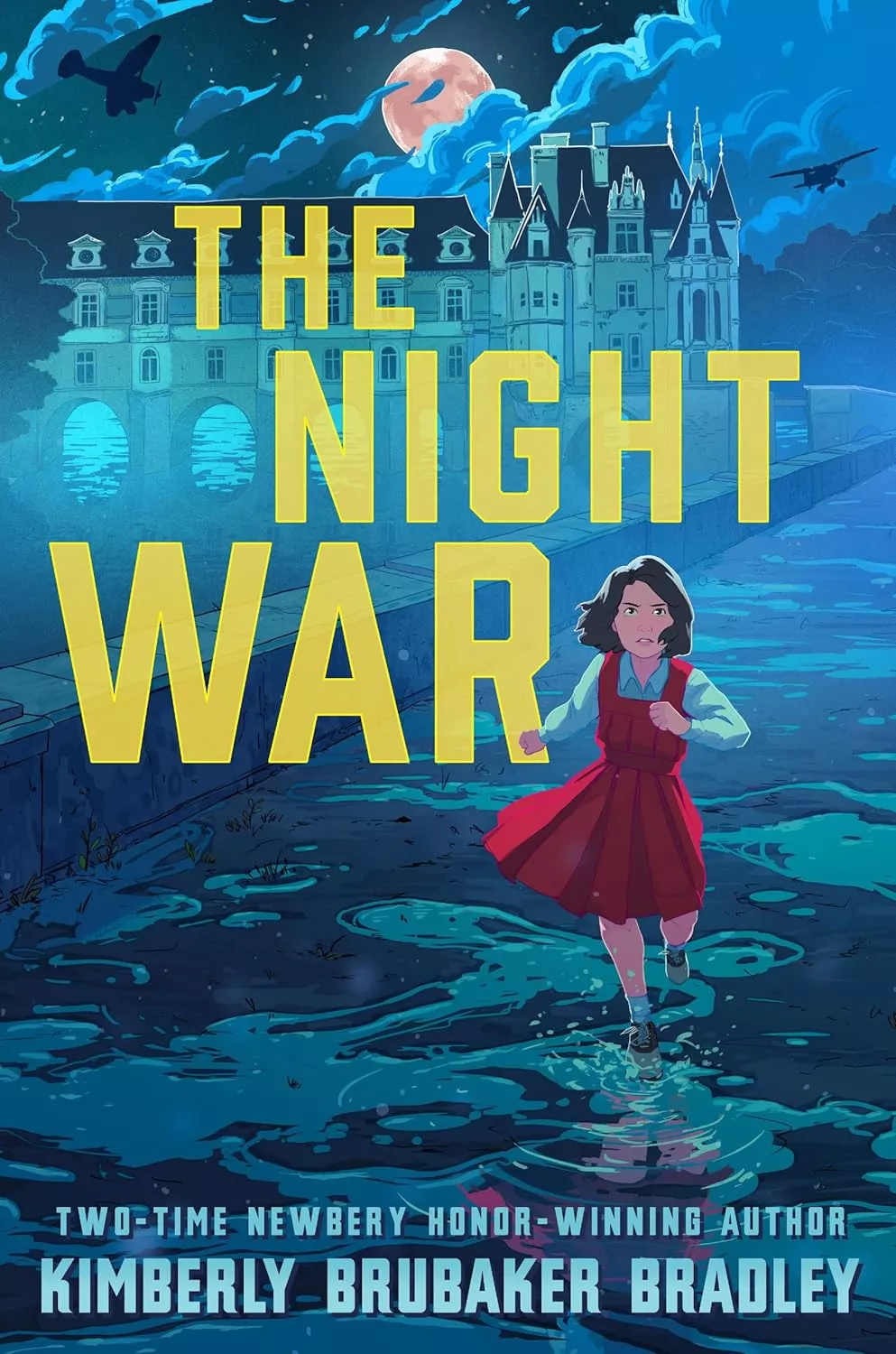 Cover of The Night War by Kimberly Brubaker Bradley depicting a girl in a red dress running away from a large, spooky house.