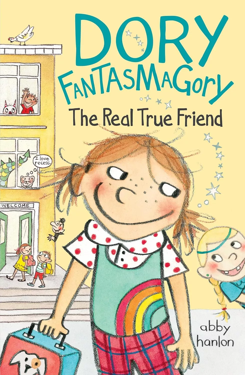 Cover of The Real True Friend by Abby Hanlon depicting a girl wearing red plaid shorts, a white shirt with red polka dots, and a rainbow vest. She is carrying a lunchbox with a dog on it.