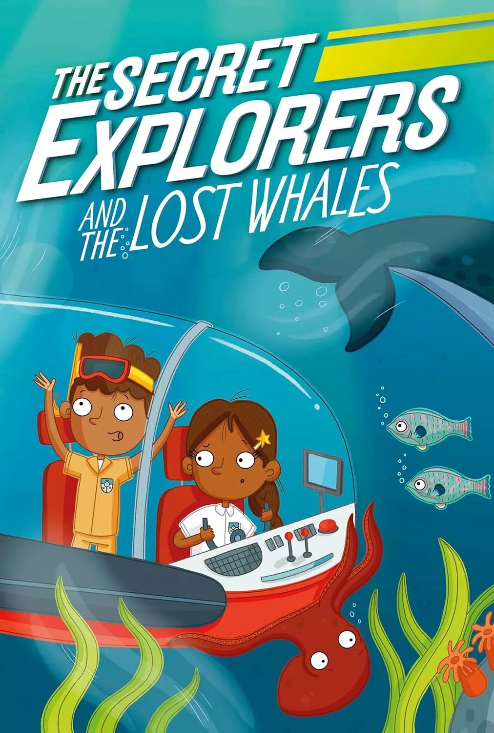 Cover of The Secret Explorers and the Lost Whales by S.J. King depicting two children in a submarine in the ocean.