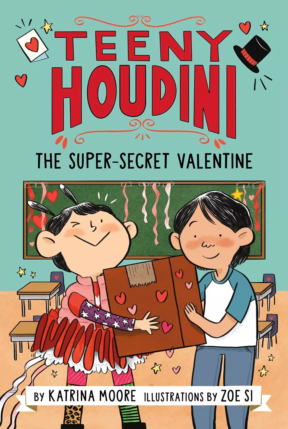Cover of The Super-Secret Valentine depicting a boy and a girl holding a cardboard box covered in hearts.