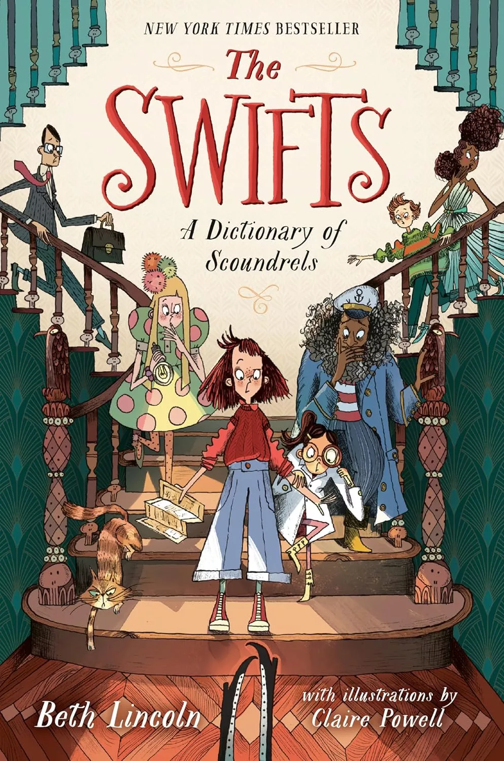 Cover of The Swifts by Beth Lincoln depicting a staircase with seven people and an orange cat all standing together.