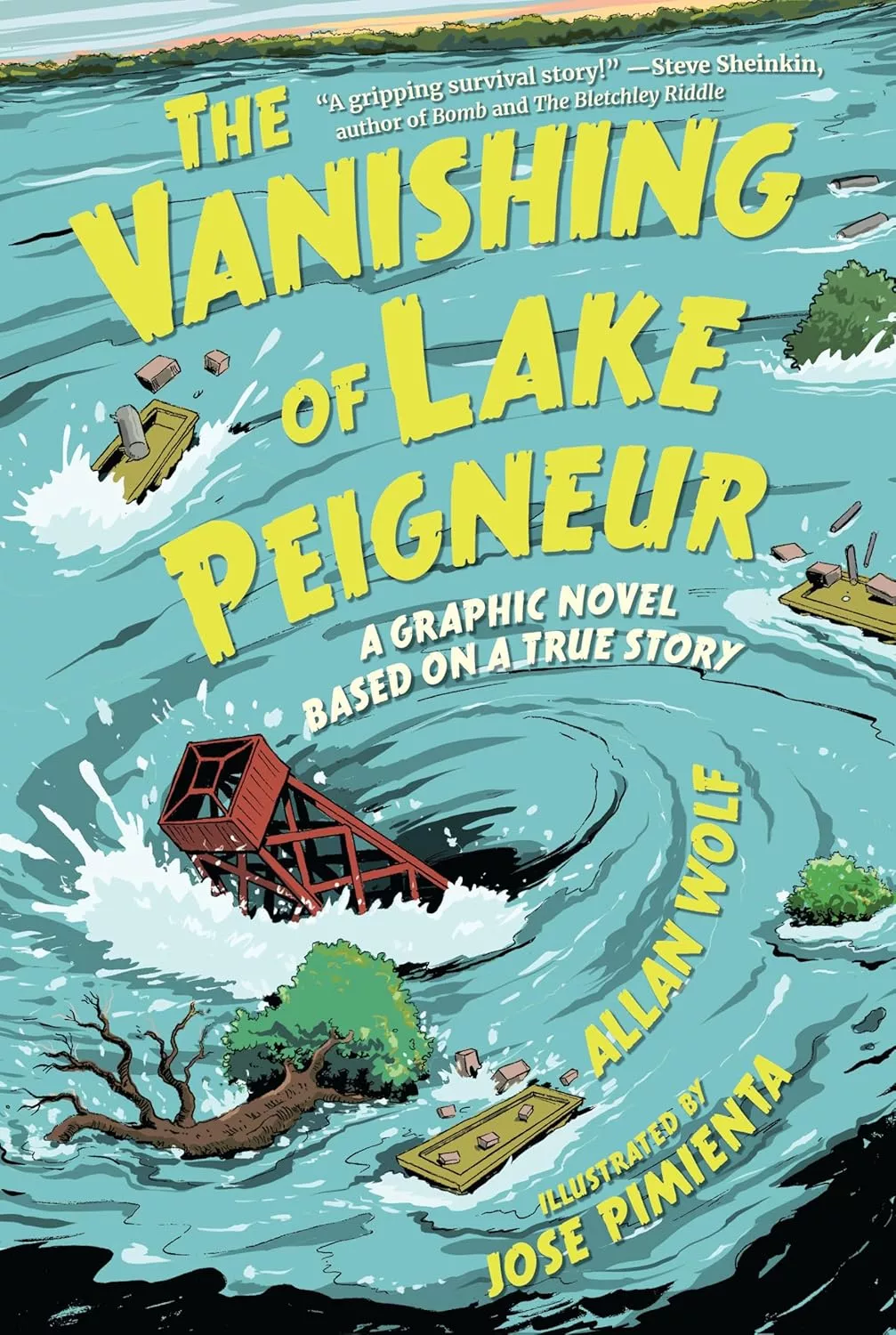 Cover of The Vanishing of Lake Peigneur by Allan Wolf depicting buildings and trees being swept away in a whirlpool. 