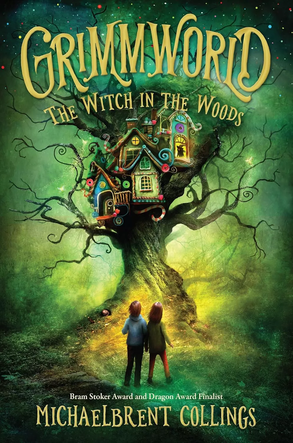 Cover of The Witch in the Woods by Michaelbrent Collings depicting two kids looking up at an elaborate house in a tree.