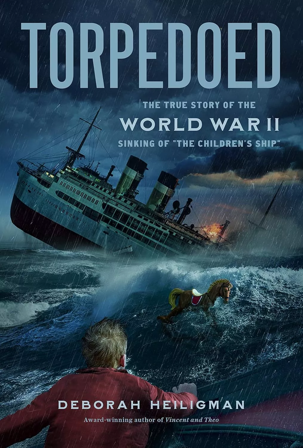 Cover of  Torpedoed by Deborah Heiligman depicting a boy in a red jacket looking at a sinking warship. 