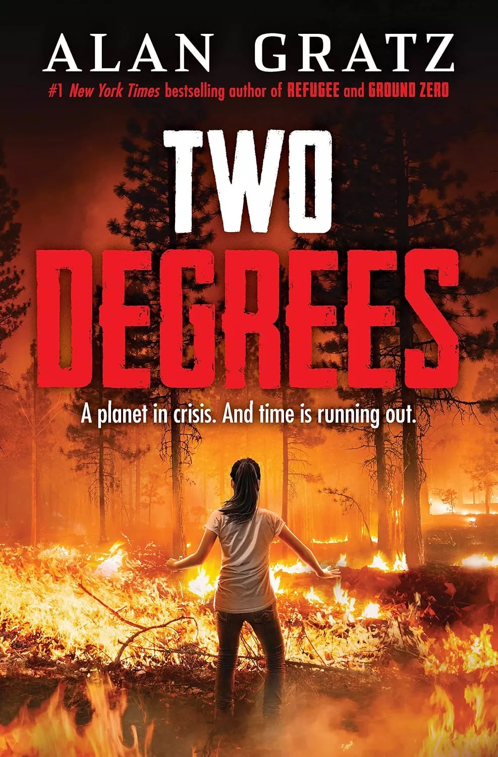 Cover of Two Degrees by Alan Gratz depicting a girl standing in front of a forest fire.