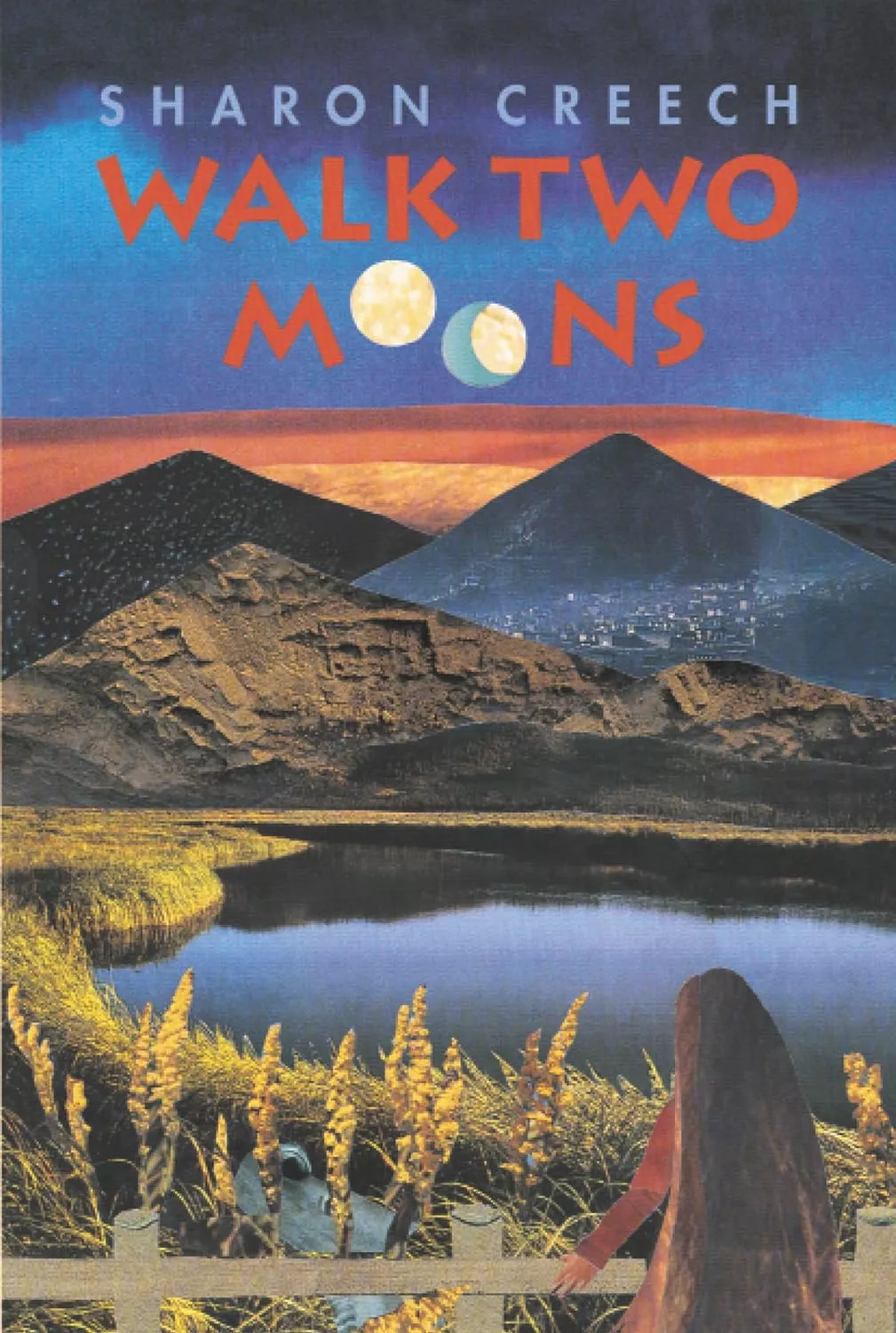 Cover of Walk Two Moons by Sharon Creech depicting a girl with extremely long hair looking out over a river with some mountains in the background.