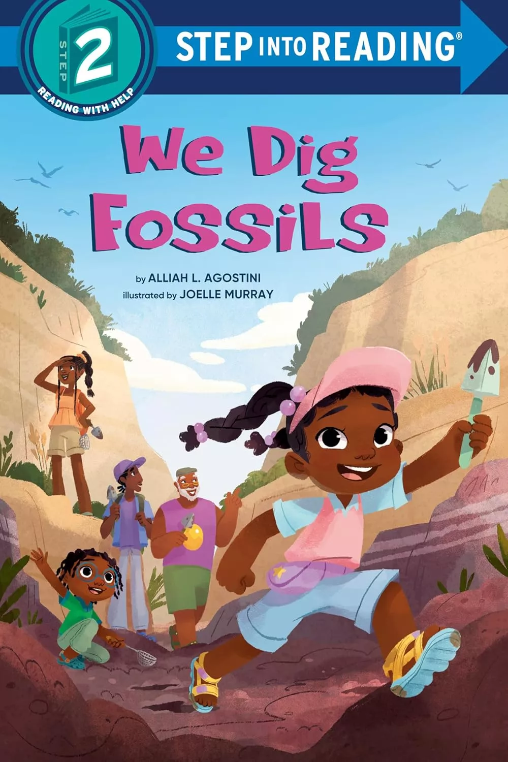 Cover of We Dig Fossils by Alliah Agostini depicting a Black girl running with a gardening spade. Her family is behind her.