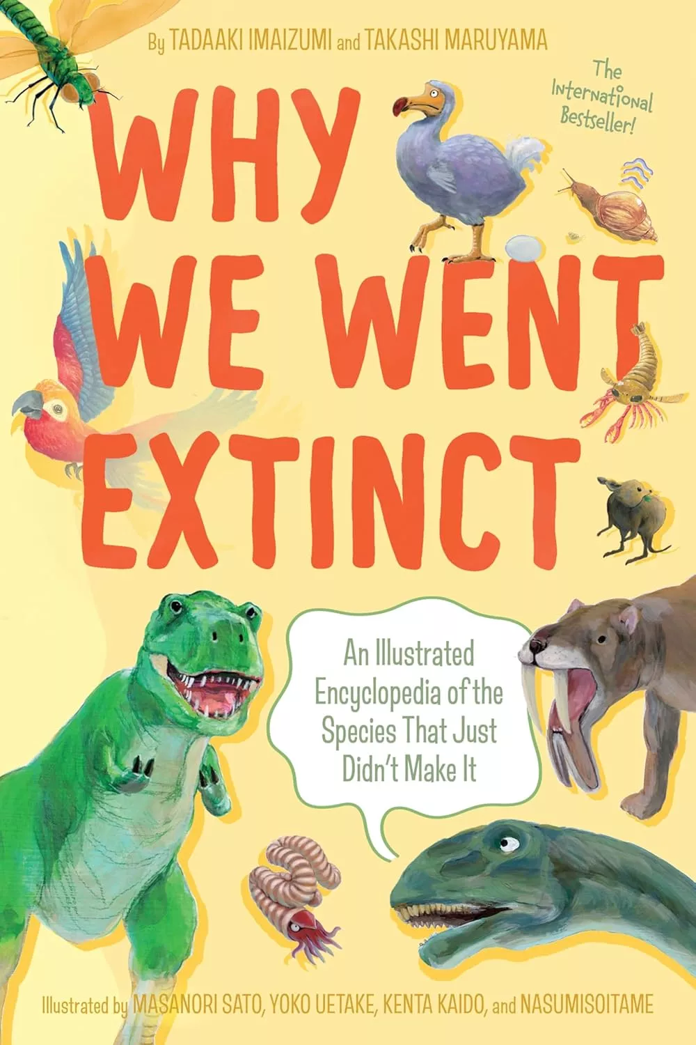 Cover of Why We Went Extinct by Tadaaki Imaizumi featuring various extinct animals on a yellow background.