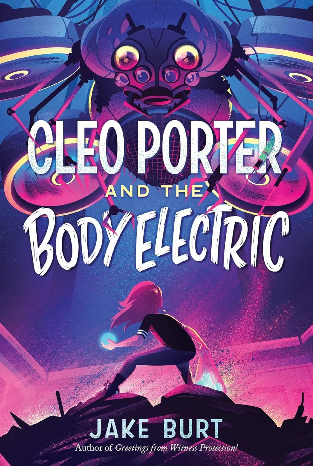 Cover of Cleo Porter and the Body Electric by Jake Burt depicting a girl battling a giant spider.