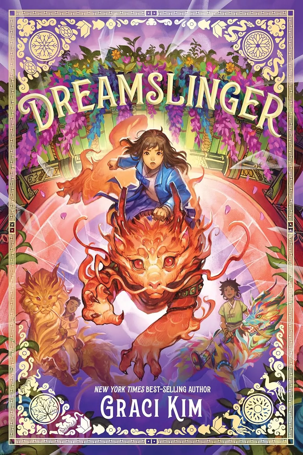 Cover of  Dreamslinger by Graci Kim depicting a girl riding a fiery dragon-like creature.