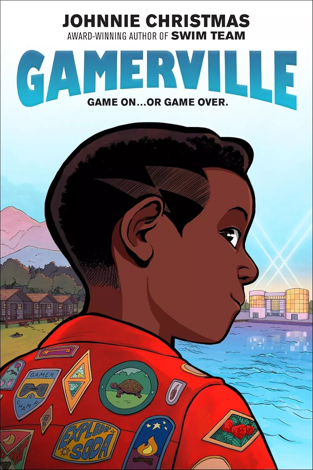 Cover of  Gamerville by Johnnie Christmas depicting an illustration of a Black boy wearing a red vest covered in camp patches.