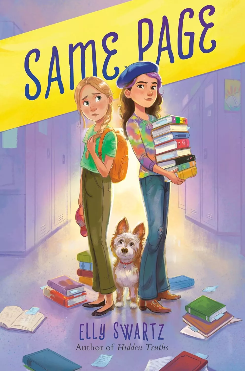 Cover of Same Page by Elly Swartz depicting two girls standing back to back with a small dog in between them. The girl on the left has blonde hair and is wearing a green shirt and olive pants. The girl on the right is wearing a tie dye top, jeans, and a beret.