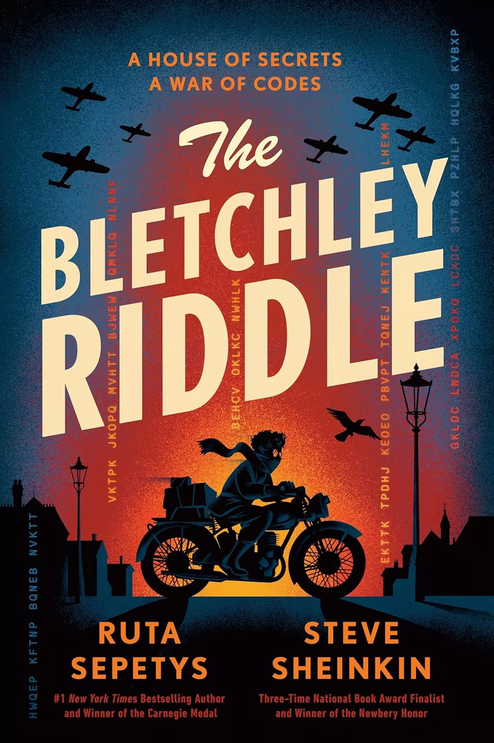 Cover of The Bletchley Riddle by Ruta Sepetys depicting the silhouette of a person riding a motorcycle.
