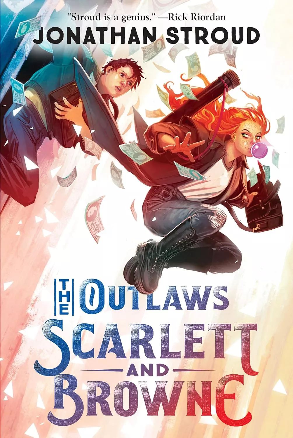 Cover of The Outlaws Scarlett and Browne by Jonathan Stroud depicting a boy and a girl jumping from an airplane while money falls all around them