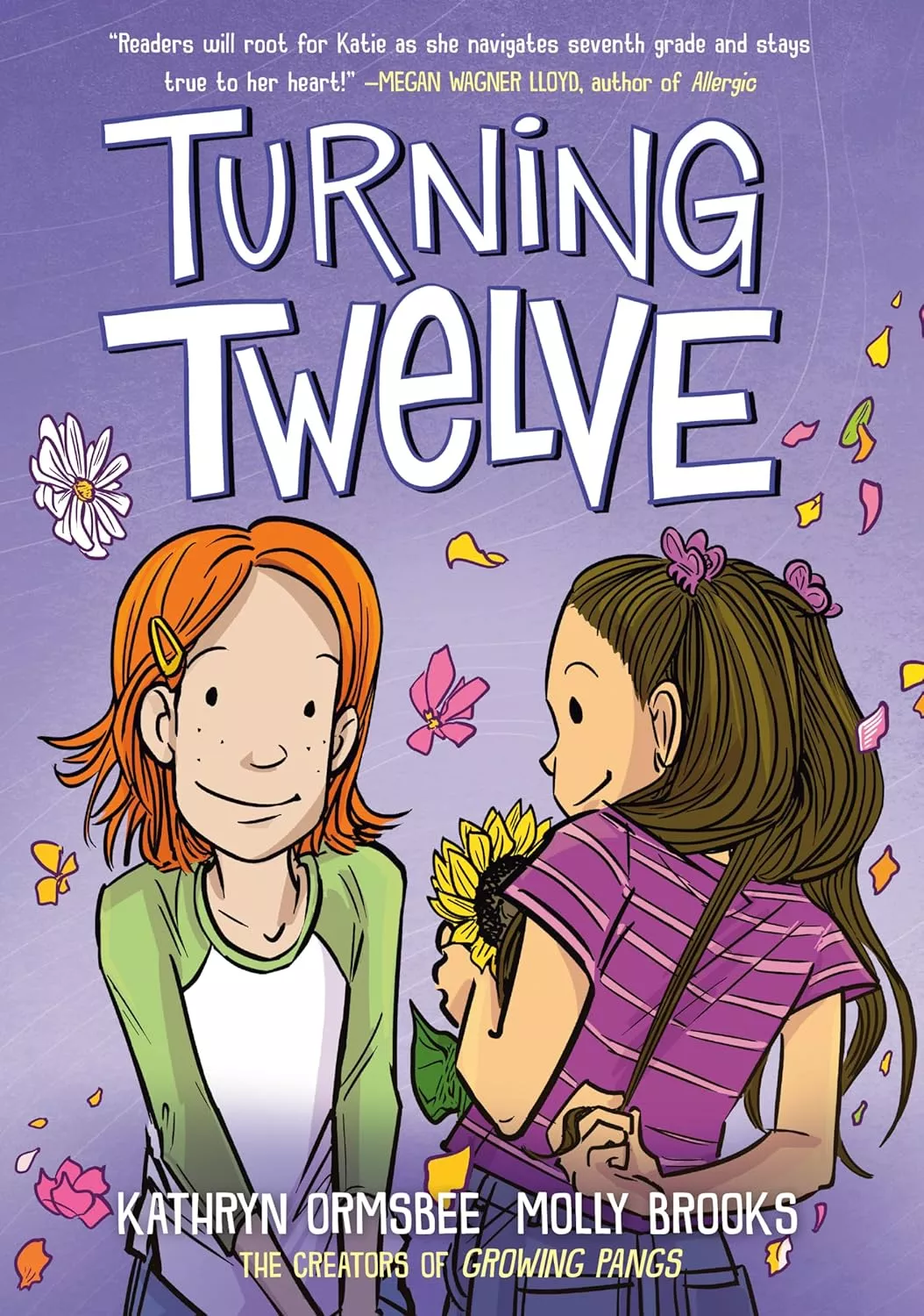 Cover of Turning Twelve by Kathryn Ormsbee depicting an illustration of two girls on a lavender background. The girl on the right has short red hair and a white shirt with green sleeves. The girl on the left has long, dark hair, a purple striped shirt, and is holding a sunflower.