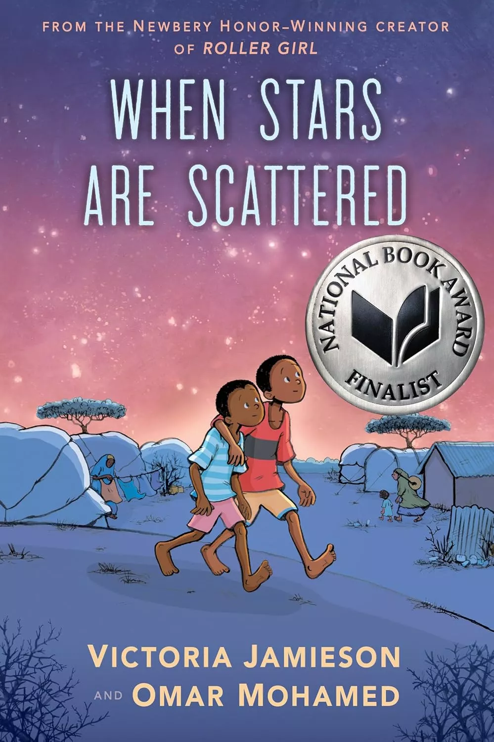Cover of When Stars Are Scattered by Victoria Jamieson depicting two dark skinned boys walking barefoot. Behind them are tents.