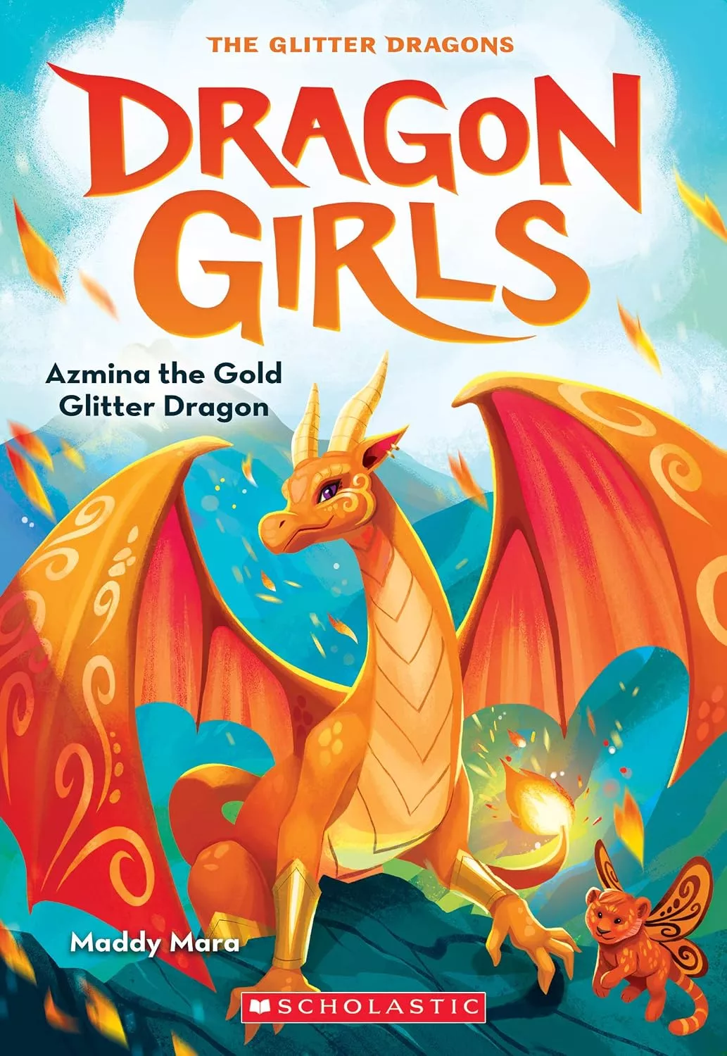 Cover of Dragon Girls: Azmina the Gold Glitter Dragon by Maddy Mara.