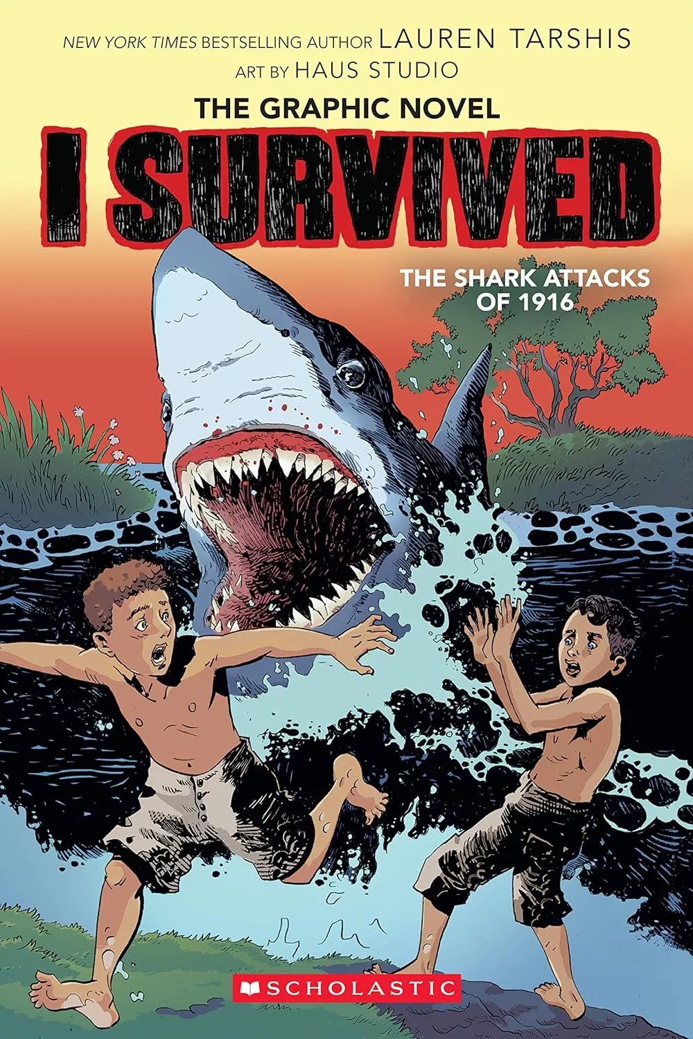 Cover of I Survived the Shark Attacks of 1916 graphic novel by Lauren Tarshis.