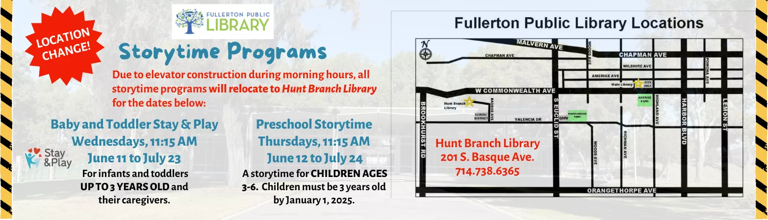 Hunt Branch Library will host Children&#039;s Stay and Play story times from June 11 to July 23 on Wednesdays at 11:15 AM in addition to Preschool Story Times from June 12 to July 24 on Thursdays at 11:15 AM