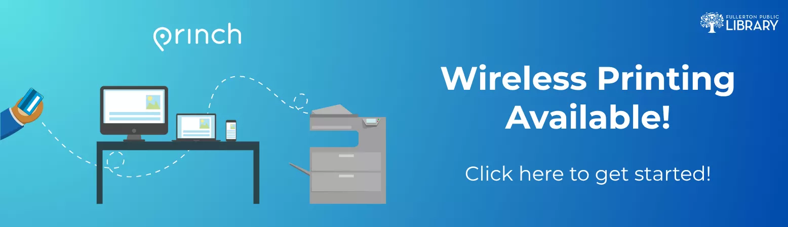 Wireless printing available! Click here to get started! A hand holds a payment card next to a desktop computer, laptop, and mobile phone. A dashed line connects the payment card through the laptop through a paper document floating in the air to a printer.