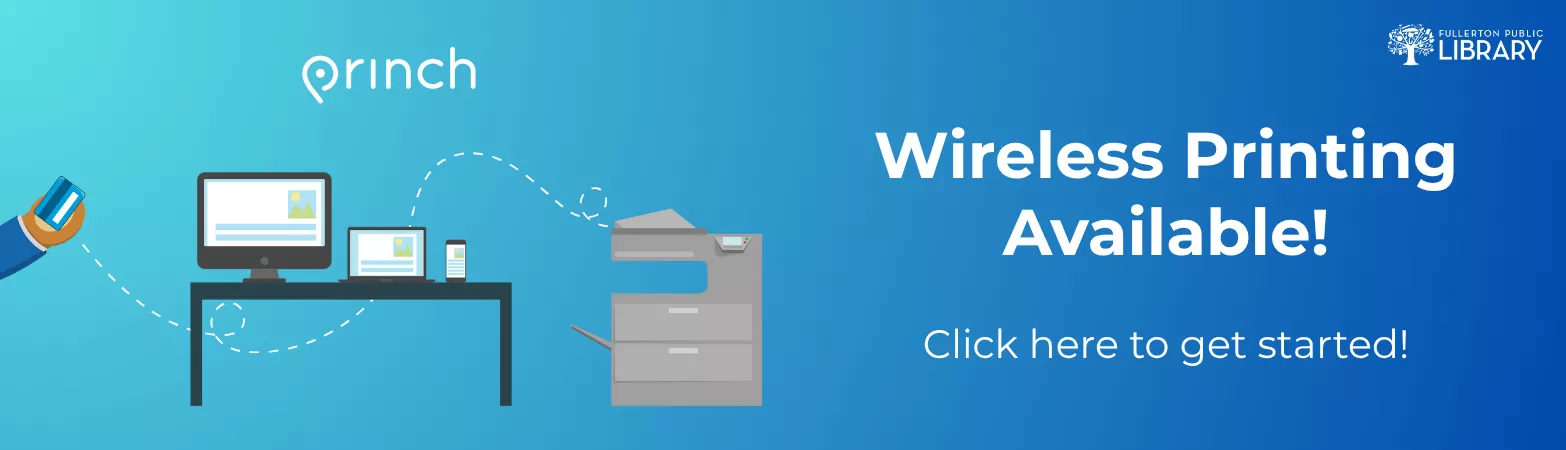 Wireless printing available! Click here to get started! A hand holds a payment card next to a desktop computer, laptop, and mobile phone. A dashed line connects the payment card through the laptop through a paper document floating in the air to a printer.