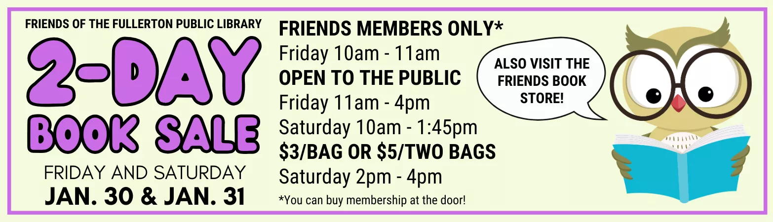 website slider advertising the Friends of the Fullerton Public Library's 2-Day Book Sale on January 30 and 31.