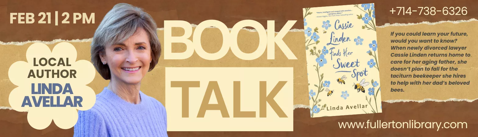 website slider advertising the Library's Book Talk program with local author Linda Avellar on Saturday, February 21.