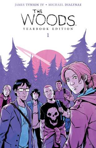 The-Woods,-Yearbook-edition-Vol-1-by-James-Tynion-IV.-Sun-behind-tall-trees-with-6-teenagers-with-backpacks-in-front.--with-a-group-of-